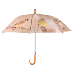 Esschert Design wintervogels paraplu lichtbruin TP387 voorkant koolmees vink merel pimpelmees distelvink mus groenling roodbors