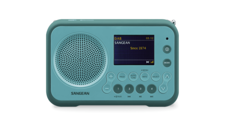 Sangean DPR-76BT Light Blue DAB+/FM draagbare radio werkt met oplaadbare accu of batterijen voorzijde
