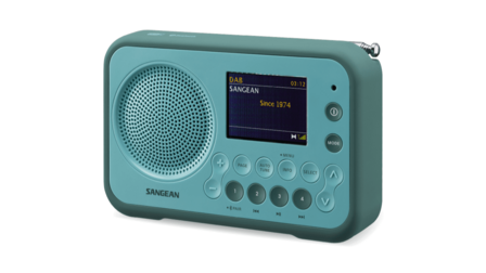 Sangean DPR-76BT Light Blue DAB+/FM draagbare radio werkt met oplaadbare accu of batterijen voorzijde rechts