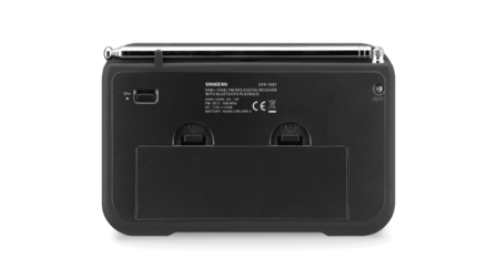 Sangean DPR-76BT Metal Grey DAB+/FM draagbare radio zwart werkt met oplaadbare accu of batterijen achterzijde