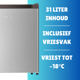 Heinrich's HKB 4188 SI mini koelkast met vriesvak zilver 44 liter functies