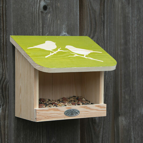 Esschert Design diapositief muurvoedertafel voor vogels groen FB541 met zaadjes en voer aan schutting