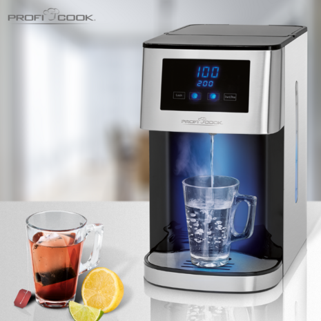 Proficook HWS1145 heetwaterdispenser 4 liter 2600 Watt 501168 voorkant met kopje thee