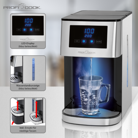 Proficook HWS1145 heetwaterdispenser 4 liter 2600 Watt 501168 voorkant met functies