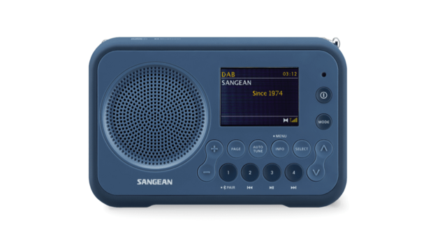 Sangean DPR-76BT Dark Blue DAB+/FM draagbare radio werkt met oplaadbare accu of batterijen voorzijde