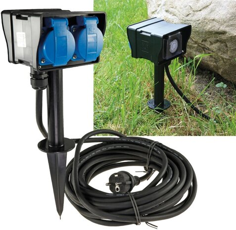Chilitec 22032 buitenstopcontact met 2 meter kabel en grondpin IP44 waterdicht zwart