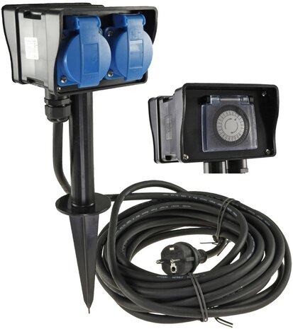 Chilitec 22032 buitenstopcontact met 2 meter kabel en grondpin IP44 waterdicht zwart