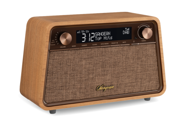 Sangean WR-201D DAB+/FM natural cherry houten kast premium radio voorzijde links