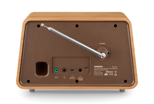 Sangean WR-201D DAB+/FM natural cherry houten kast premium radio achterzijde