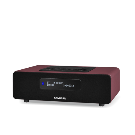 Sangean DDR-38 Red DAB+/FM-RDS digitale radio rood met bluetooth en iPhone-oplader voorzijde rechts