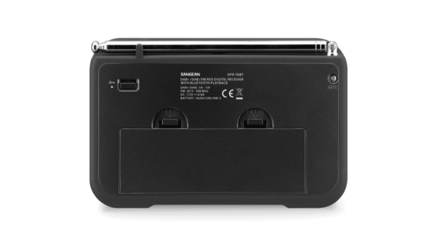Sangean DPR-76BT Metal Grey DAB+/FM draagbare radio zwart werkt met oplaadbare accu of batterijen achterzijde