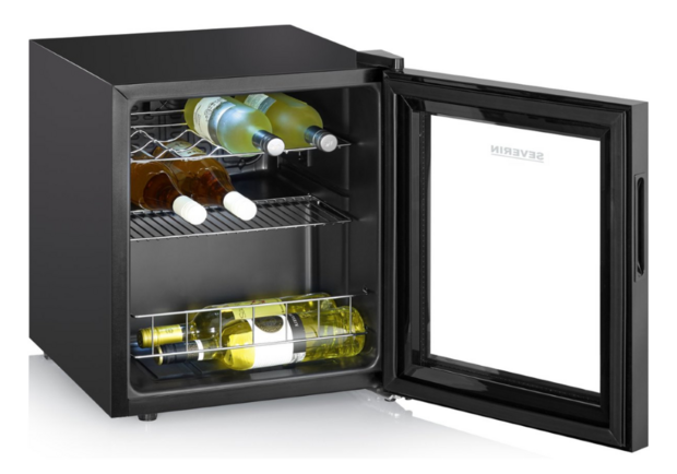 Severin WKS-8907 kleine vrijstaande wijnkoelkast zwart 46 liter (15 flessen) geopend