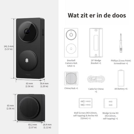 Aqara Smart Video Doorbell G410 Select - bedrade & draadloze videodeurbel met gong - zwart inhoud doos